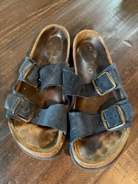 Double Buckle Navy Blue Suede Slide Sandals - Made in Spain 8.5M 10W